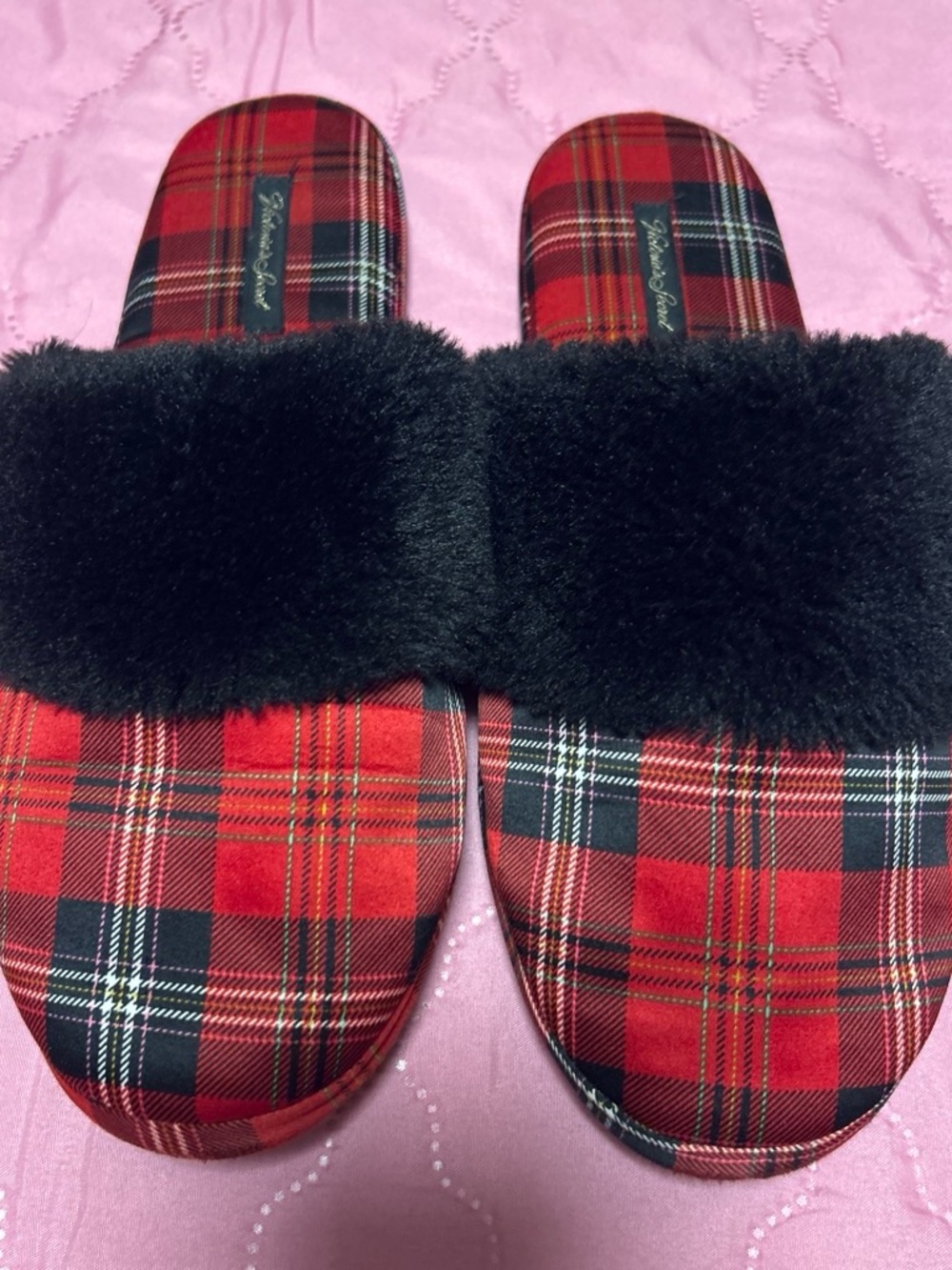 Victoria's Secret Red Plaid Slide Slippers with Black Faux Fur Strap